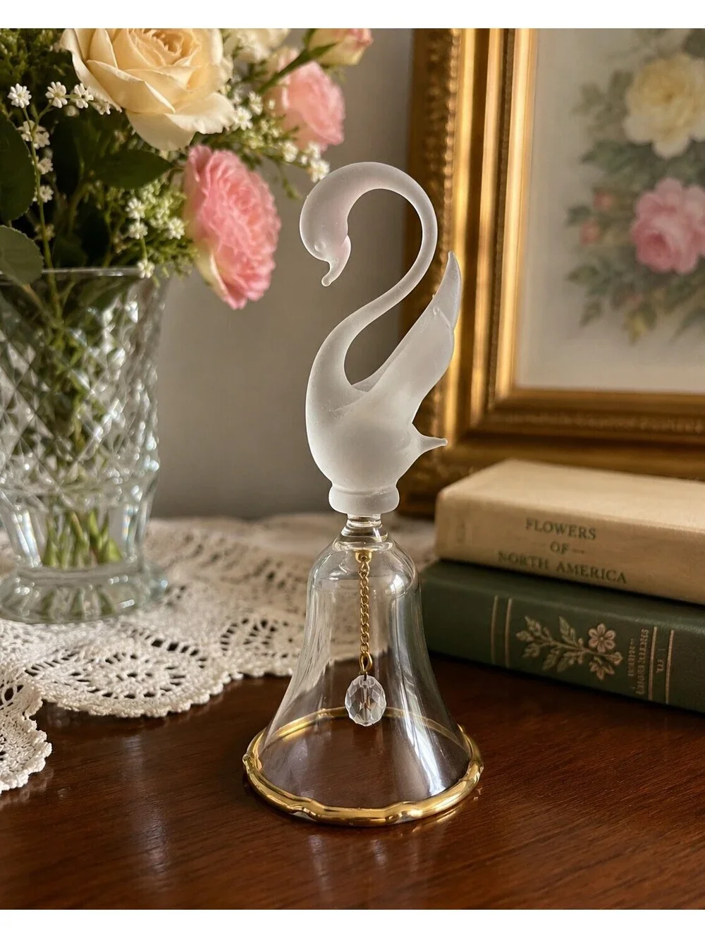 Vintage Frosted Swan Glass Bell Gold Trim Crystal Clapper 4.5 Inch